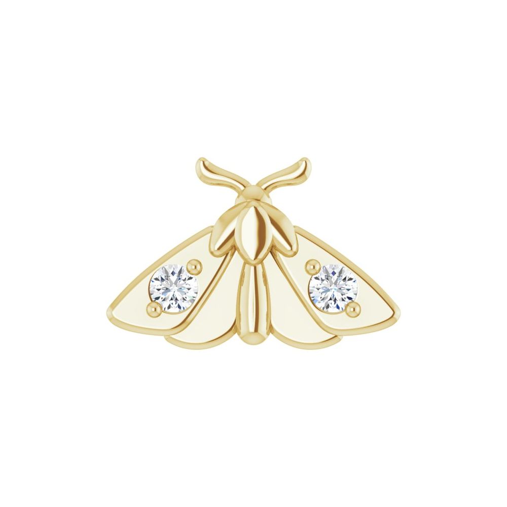 Moth-shaped earring crafted from 14 Karat Yellow Gold, featuring two round lab-grown diamonds on its wings.