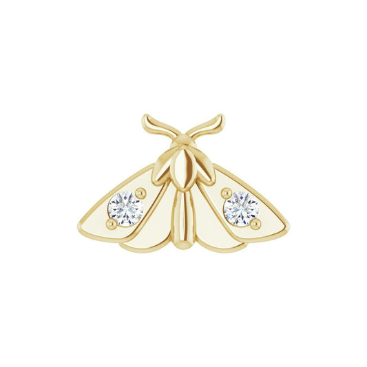Moth-shaped earring crafted from 14 Karat Yellow Gold, featuring two round lab-grown diamonds on its wings.