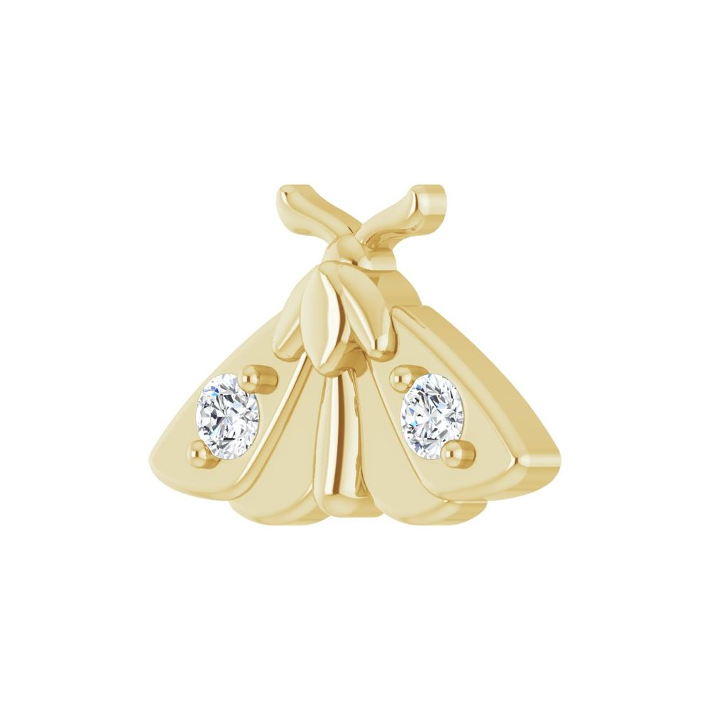 Moth-shaped earring crafted from 14 Karat Yellow Gold, featuring two round lab-grown diamonds on its wings. This item is shown at a 45 degree angle.